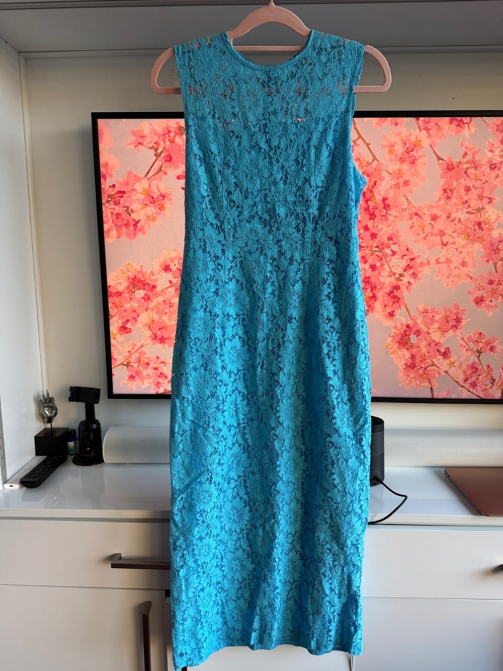 Designer-Style Sleeveless Turquoise Cotton-blend Lace Midi Dress